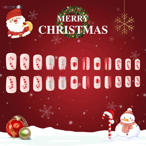 Festive Gnome and Snowflake Print Short Square Press-On Nails with Glossy Sequins and Charms for a Stunning Christmas Manicure Experience