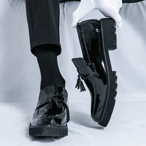 Men's Thick Sole Patent Leather Oxfords - Stylish Slip-On Derby Shoes for Casual and Formal Occasions, Height Increasing Loafers for Ultimate Comfort and Fashion