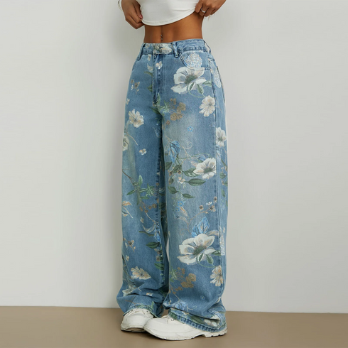 Baggy Denim Jeans Floral Print Harajuku Style Loose Wide Leg Trousers For Women Casual