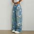 Baggy Denim Jeans Floral Print Harajuku Style Loose Wide Leg Trousers For Women Casual