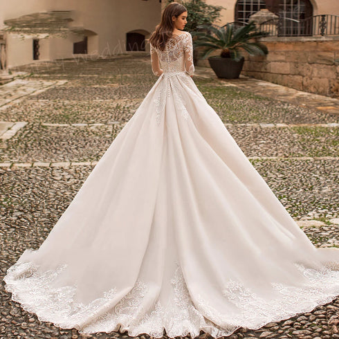 Aline Wedding Dress With Lace Appliques And Long Sleeve Floor Length Button Back Bridal Gown Maternity Friendly