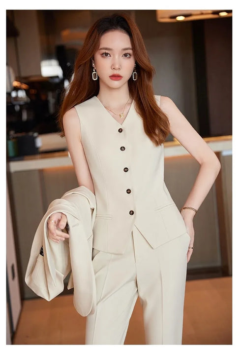 Chic Korean Fashion Women's 3-Piece Blazer Suit Set with Long Sleeve Vintage Jacket and Vest + Slim Straight Pencil Pants for Elegant Business Outfits