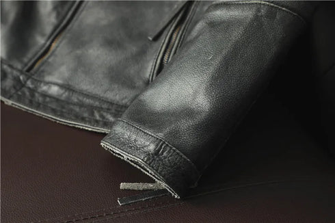 Vintage Genuine Leather Biker Jacket for Men – Slim Fit Cowhide Motorcycle Outerwear with Pockets and Embroidery Details for All Seasons