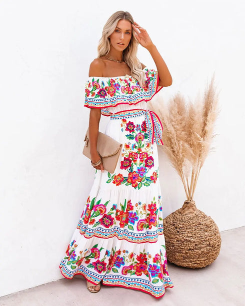 Elegant One-shoulder Short-sleeved Dress For Women Fashion Splicing Floral Print Dresses
