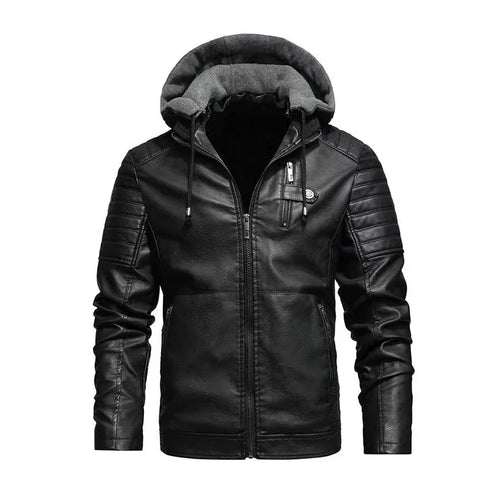 Men's Cozy Thickened Fleece Lined Winterproof Leather Jacket with Hood - Durable Casual Outerwear for Ultimate Warmth and Style