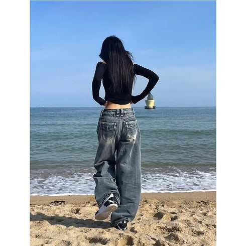 Y2K Style Blue Women Jeans Vintage Fashion Wide Leg Pants