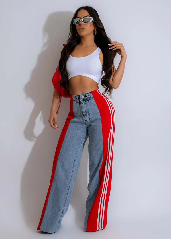 Fashionable Women's Jeans Summer Loose Patchwork High Waist Wide Leg Pants