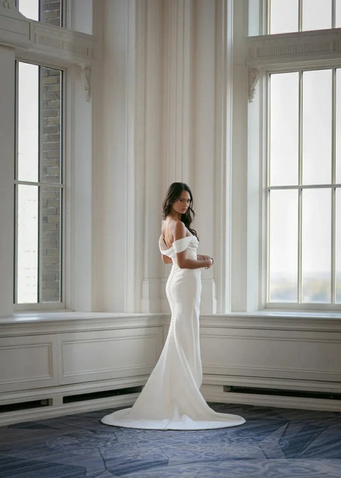 Simple Off The Shoulder Satin Mermaid Wedding Dress Side Slit