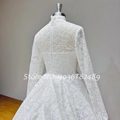 Hire Lnyer High Neck Zipper Back Lace Ball Gown Wedding Dresses