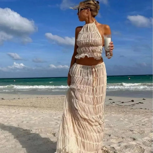 Fashion Halter Neck Maxi Skirt Suit for Women Backless Lace Up Two Piece Summer Outfit