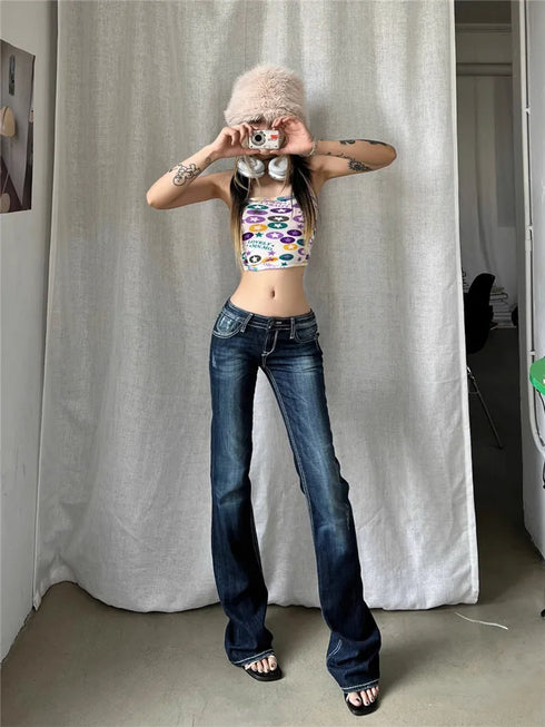 Trendy Women’s Y2K Vintage Low Rise Flare Denim Pants - Perfect for Fall Outfits with Jeans and Kpop Inspired Styles