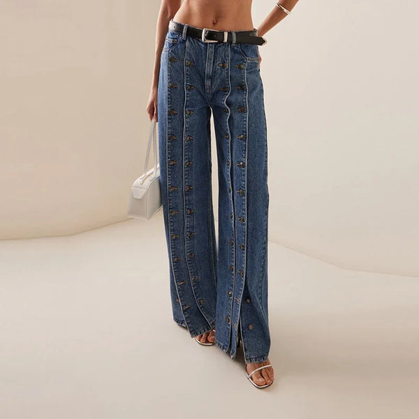 Denim Jeans Pants With Vintage Button Fly And Plaid Detail For Women Regular Fit Casual Everyday Wear