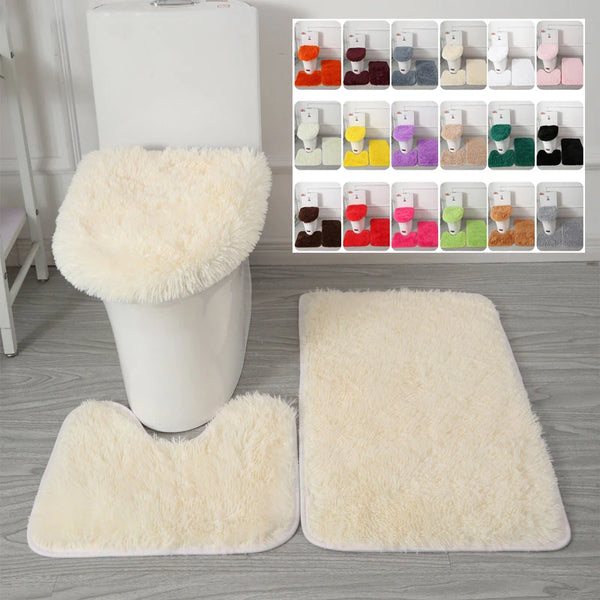 3 Piece Solid Color Bathroom Carpet Set Non-Slip Toilet Lid Cover Rugs Kit