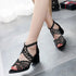 Rhinestone Faux Leather Hollow Out Thick Heel Sandals