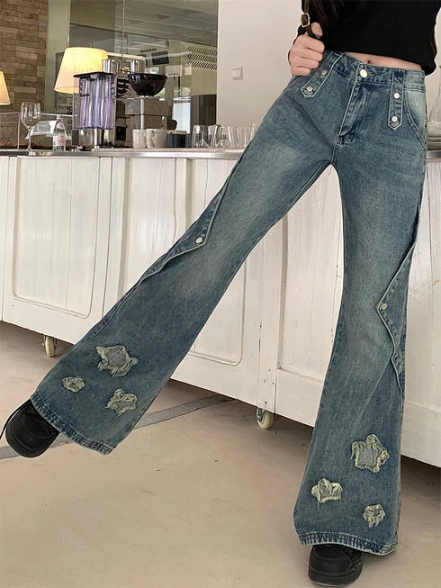 Fashion Blue Denim Pants Women Embroidery Star High Waist Slim Bell Bottoms Streetwear Vintage Kpop