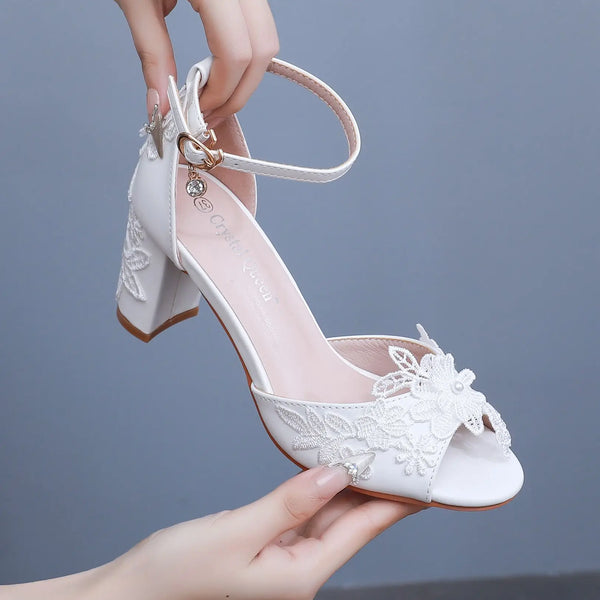 Crystal Queen Lace Pearl Ribbon Square Heel Wedding Shoes