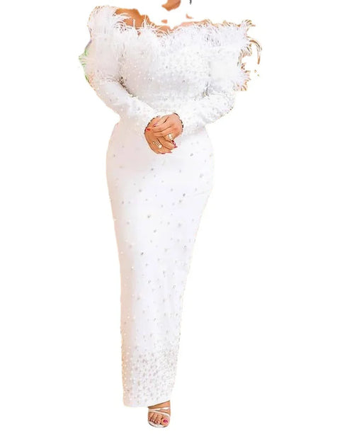 Feather Maxi Dress For Parties And Weddings Elegant Silhouette With Feathers Wedding Dress