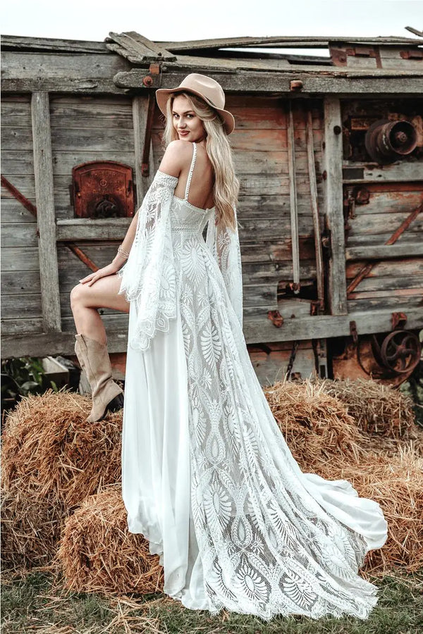 Bohemian Lace Wedding Dress with Sexy Backless Design
