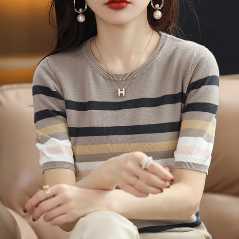 Summer Short Sleeve Women's O Neck Slim Cotton Striped Pullover Knit Sweater Top