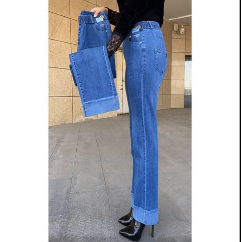 Elastic Waist Jeans For Women High Waist Wide Leg Denim Pants Loose Fit Casual Trousers