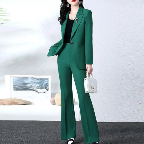Elegant Women's Blazer Coat and Trousers Suit Set - Stylish Casual Outfit for Office and Autumn Wear with Flare Pants and Slim Fit Design