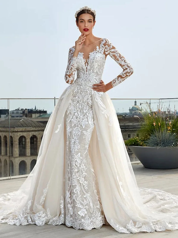 Luxury Mermaid Wedding Dress Sheer O-Neck Long Sleeves Detachable Train Lace Appliques Bridal Gown