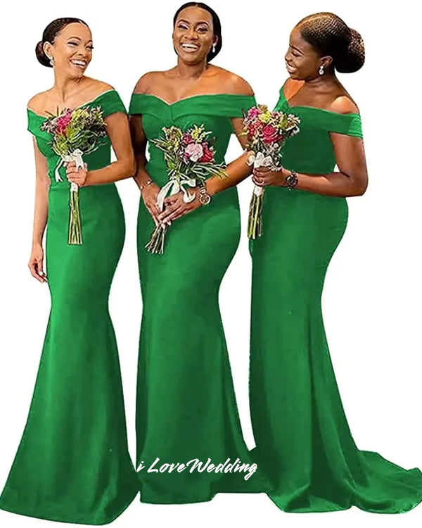 Off Shoulder Satin Mermaid Bridesmaid Dress With Ruched Detailing And Sweep Train