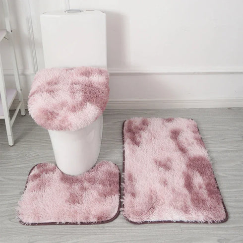 3 Piece Solid Color Bathroom Carpet Set Non-Slip Toilet Lid Cover Rugs Kit