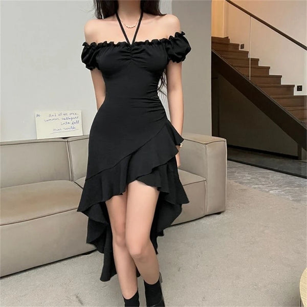 Women Irregular Ruffle Bodycon Dress Sexy Off Shoulder Midi Dress