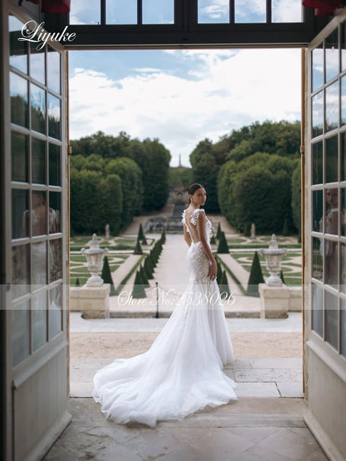 Liyuke Shining Symmetrical Lace Sweetheart Mermaid Wedding Dress