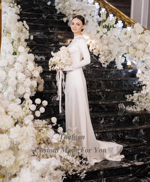 Modest Muslim Wedding Dresses For Bride High Neck Long Sleeves