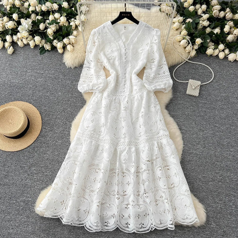 Elegant Embroidery White Lace Long Dress for Women Evening Occasion