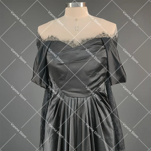 Customized Illusion Tulle Off Shoulder Lace Wedding Gowns A Line Long Sleeves Ruched Satin Bridal Dress