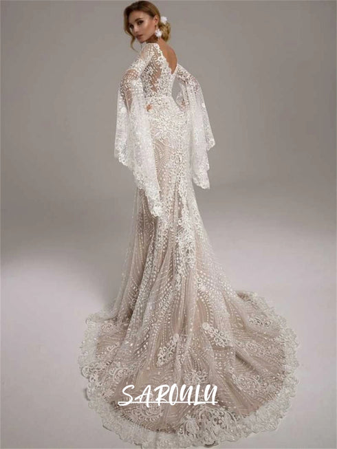 Bohemian Wedding Dress for Women with Long Flare Sleeves