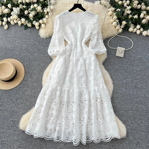 Elegant Embroidery White Lace Long Dress for Women Evening Occasion