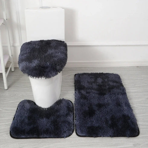 3 Piece Solid Color Bathroom Carpet Set Non-Slip Toilet Lid Cover Rugs Kit