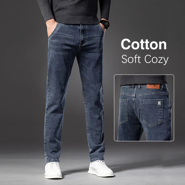 Autumn Mens Classic Blue Slim Fit Straight Jeans Casual Denim Trousers
