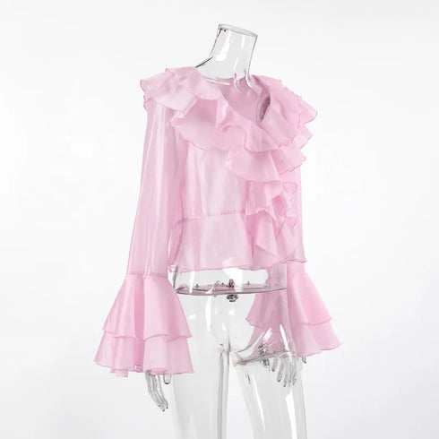 Summer Ruffle V Neck Long Sleeve Tops Casual Party Tees for Women