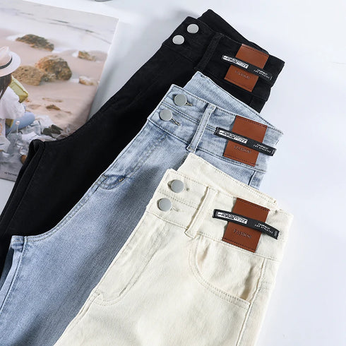 Slim Straight Elastic Denim Pipe Pants for Women - Versatile All-Season Trousers with Pockets and Tie Dye Details for Trendy Fall Outfits