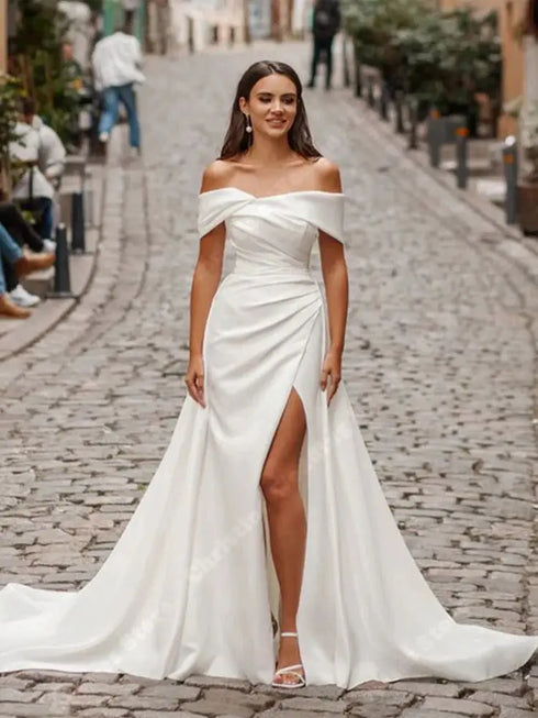 Off The Shoulder Women Wedding Dresses Elegant Satin Mermaid Gowns