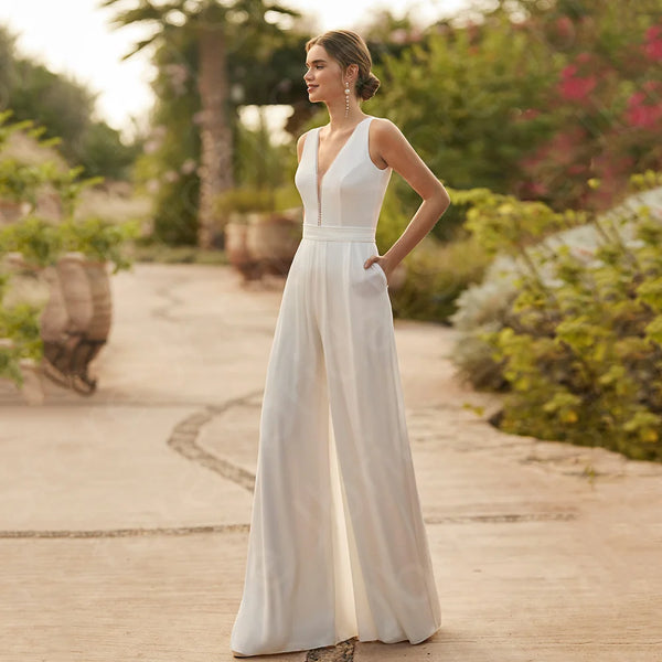 Boho Wedding Jumpsuit Bridal Gown With V Neck Half Sleeve Pleated Details For Beach Ceremony