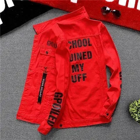 Men's Slim Fit Ripped Denim Jacket with Print for Hip Hop Style - Trendy Outerwear for Dance and Casual Wear