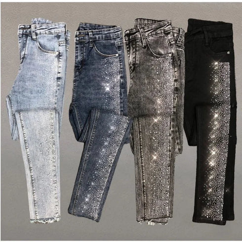 Fashion Rhinestone Jeans Female High Waist Slim Pencil Pants