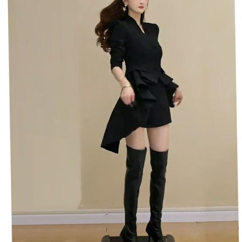 Elegant Women's Dresses Sets for Autumn and Winter V-neck Long Sleeved Robe Casual Solid Color Outfit