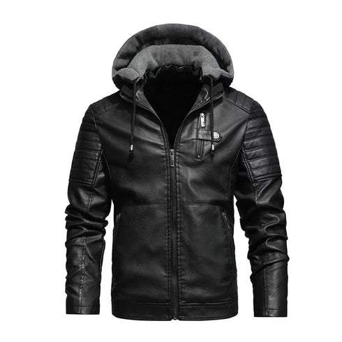 Men's Cozy Thickened Fleece Lined Winterproof Leather Jacket with Hood - Durable Casual Outerwear for Ultimate Warmth and Style