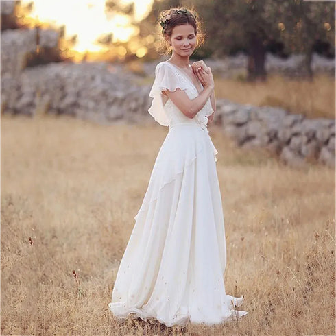 Boho V Neck Wedding Dress Aline Backless Floor Length Chiffon Gown with Built In Bra Maternity Friendly