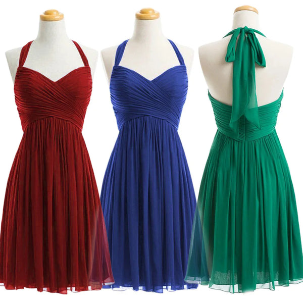 Bridesmaid Dress A Line Chiffon Knee Length Sweetheart Halter Zipper Back Dresses