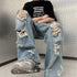 High Street Ripped Jeans Men's Clothing Wide Leg Trousers