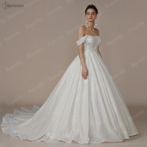 BEPEITHY Customized Luxury Strapless A Line Glitter Wedding Dresses