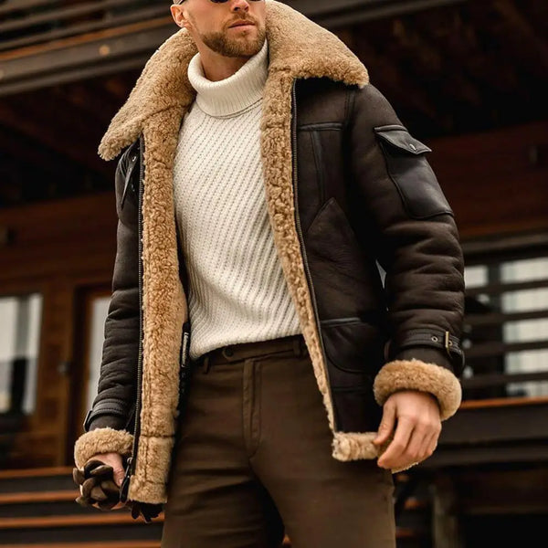 Thickened Plush Lined Faux Fur and Faux Leather Men's Vintage Lapel Jacket for Winter Coldproof Comfort and Warmth